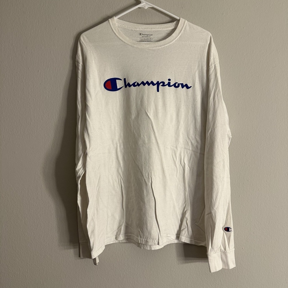 Champion Long Sleeve Heavy T Shirt Men's Large White Spell‎ Out Modern
